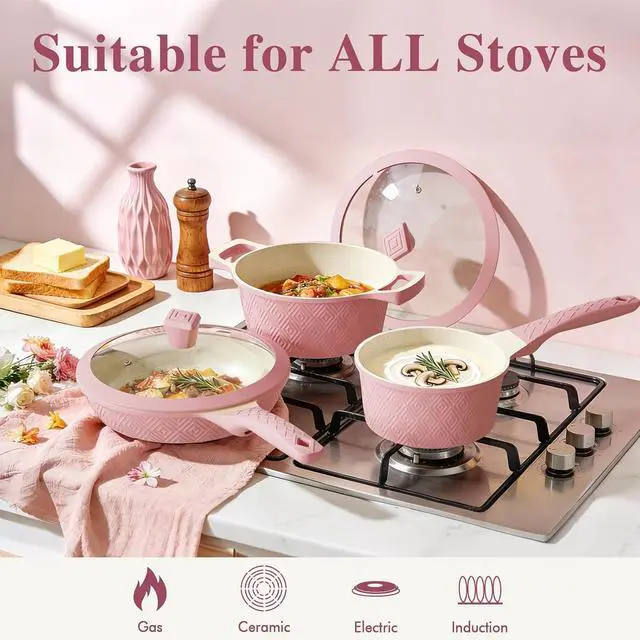 Alt view image 5 of 7 - Pots and Pans Set Non Stick, 26PCS Nonstick Cookware Set, Induction Cook Ware, Includes Steamer & Silicone Utensils, Housewarming Gift, Pink Kitchen Cooking Sets w/Frying pan (PFOS, PFOA Free)