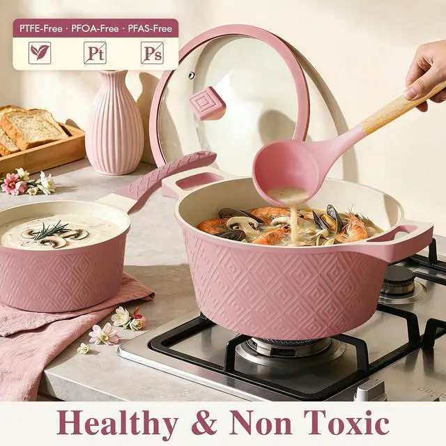 Alt view image 7 of 7 - Pots and Pans Set Non Stick, 26PCS Nonstick Cookware Set, Induction Cook Ware, Includes Steamer & Silicone Utensils, Housewarming Gift, Pink Kitchen Cooking Sets w/Frying pan (PFOS, PFOA Free)