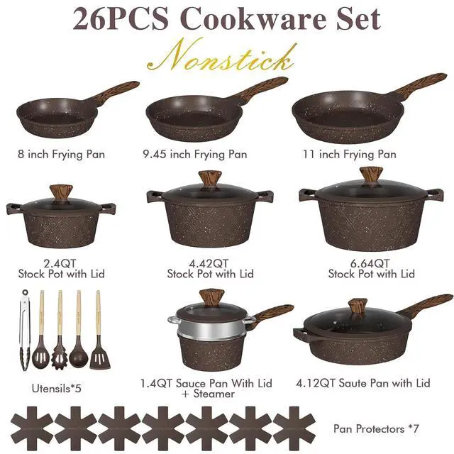 Alt view image 2 of 7 - Umite Chef 26PCS Pots and Pans Set Non Stick, Nonstick Cookware Sets, Induction Cook Ware, Includes Steamer & Silicone Utensils, Housewarming Gift, Kitchen Cooking Sets w/Frying pan (PFOS, PFOA Free)