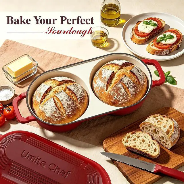 Alt view image 3 of 7 - Umite Chef Dutch Oven for Bread BakingEnamelled Cast Iron Dutch Oven Pot with Lid 500°F Oven SafeDouble Round Loaf Bread Pan with 5" Banneton Proofing Baskets for Homemade Bread, Meatloaf, Cake