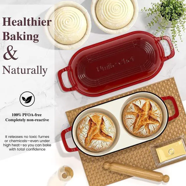 Alt view image 4 of 7 - Umite Chef Dutch Oven for Bread BakingEnamelled Cast Iron Dutch Oven Pot with Lid 500°F Oven SafeDouble Round Loaf Bread Pan with 5" Banneton Proofing Baskets for Homemade Bread, Meatloaf, Cake