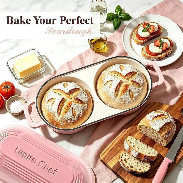 Alt view image 3 of 7 - Umite Chef Dutch Oven for Sourdough Bread Baking Enamelled Cast Iron Bread Loaf Pot 500°F Oven Safe Double Round Loaf Space, 16.5 Diameter, 5" Banneton Proofing Baskets & Cotton Potholders(Pink)