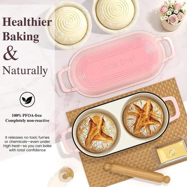 Alt view image 5 of 7 - Umite Chef Dutch Oven for Sourdough Bread Baking Enamelled Cast Iron Bread Loaf Pot 500°F Oven Safe Double Round Loaf Space, 16.5 Diameter, 5" Banneton Proofing Baskets & Cotton Potholders(Pink)