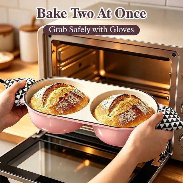 Alt view image 7 of 7 - Umite Chef Dutch Oven for Sourdough Bread Baking Enamelled Cast Iron Bread Loaf Pot 500°F Oven Safe Double Round Loaf Space, 16.5 Diameter, 5" Banneton Proofing Baskets & Cotton Potholders(Pink)