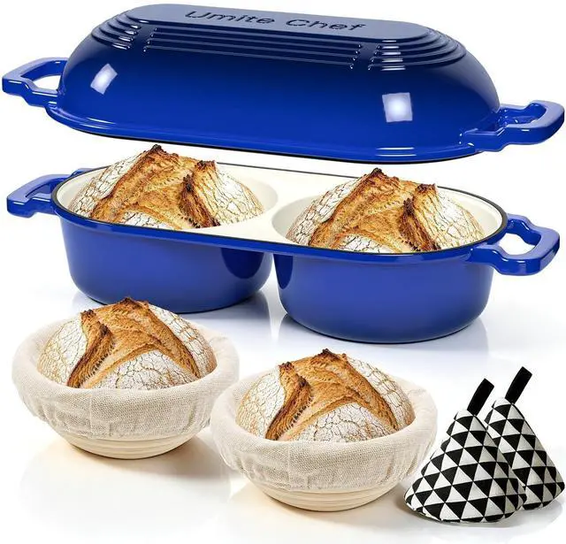 Main image of Umite Chef Mini Double Dutch Oven for Sourdough Bread Baking - Enameled Cast Iron Dutch Oven Pot with Lid and 5" Banneton Bread Proofing Basket Kit, Dual Round Bread Loaf Pan for Bread Baking (Blue)