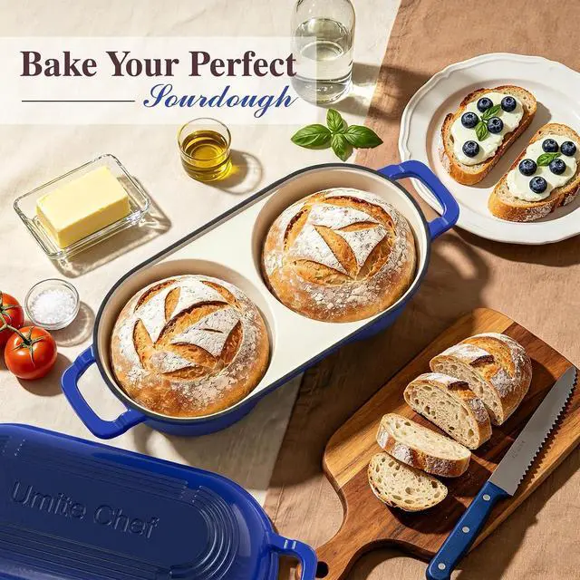 Alt view image 3 of 7 - Umite Chef Mini Double Dutch Oven for Sourdough Bread Baking - Enameled Cast Iron Dutch Oven Pot with Lid and 5" Banneton Bread Proofing Basket Kit, Dual Round Bread Loaf Pan for Bread Baking (Blue)