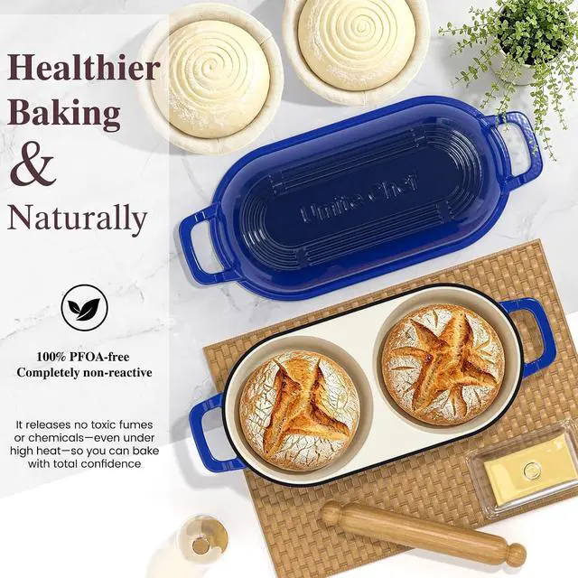 Alt view image 5 of 7 - Umite Chef Mini Double Dutch Oven for Sourdough Bread Baking - Enameled Cast Iron Dutch Oven Pot with Lid and 5" Banneton Bread Proofing Basket Kit, Dual Round Bread Loaf Pan for Bread Baking (Blue)
