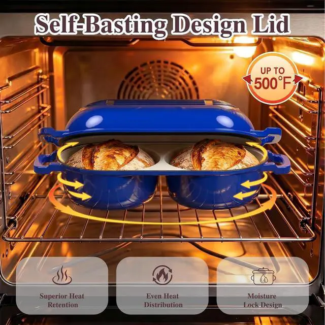 Alt view image 7 of 7 - Umite Chef Mini Double Dutch Oven for Sourdough Bread Baking - Enameled Cast Iron Dutch Oven Pot with Lid and 5" Banneton Bread Proofing Basket Kit, Dual Round Bread Loaf Pan for Bread Baking (Blue)