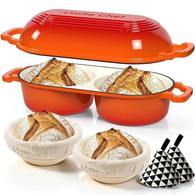 Main image of Umite Chef Complete Mini Double Dutch Oven Kit for Sourdough Bread Enameled Cast Iron Bread Pan with Deep Dual Loaf Pots, Includes 5" Banneton Basket & Cotton Potholders, 500°F Oven Safe (Orange)