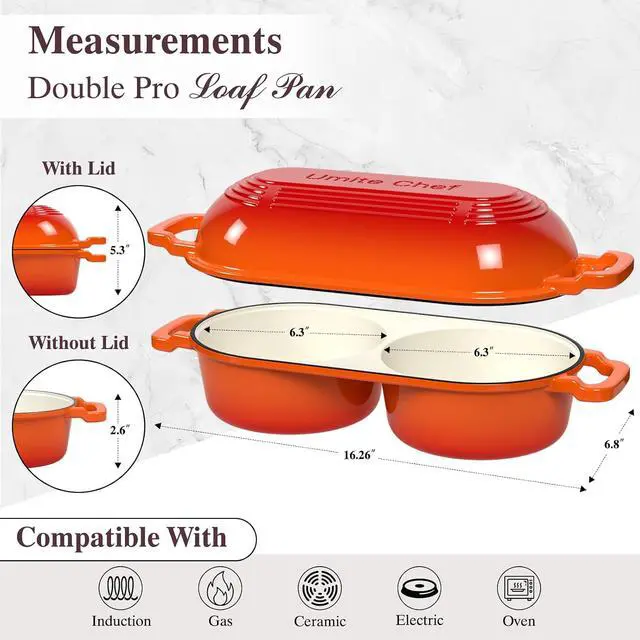 Alt view image 2 of 7 - Umite Chef Complete Mini Double Dutch Oven Kit for Sourdough Bread Enameled Cast Iron Bread Pan with Deep Dual Loaf Pots, Includes 5" Banneton Basket & Cotton Potholders, 500°F Oven Safe (Orange)