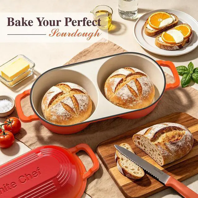 Alt view image 3 of 7 - Umite Chef Complete Mini Double Dutch Oven Kit for Sourdough Bread Enameled Cast Iron Bread Pan with Deep Dual Loaf Pots, Includes 5" Banneton Basket & Cotton Potholders, 500°F Oven Safe (Orange)