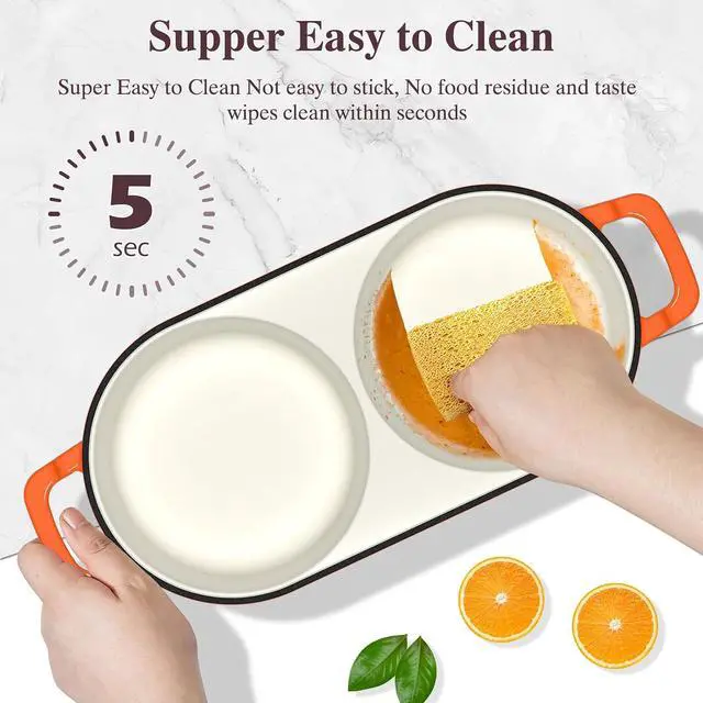 Alt view image 6 of 7 - Umite Chef Complete Mini Double Dutch Oven Kit for Sourdough Bread Enameled Cast Iron Bread Pan with Deep Dual Loaf Pots, Includes 5" Banneton Basket & Cotton Potholders, 500°F Oven Safe (Orange)