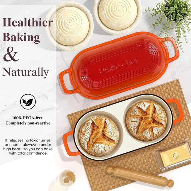 Alt view image 5 of 7 - Umite Chef Complete Mini Double Dutch Oven Kit for Sourdough Bread Enameled Cast Iron Bread Pan with Deep Dual Loaf Pots, Includes 5" Banneton Basket & Cotton Potholders, 500°F Oven Safe (Orange)