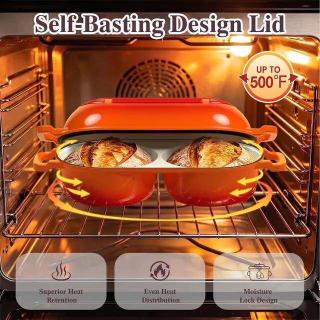 Alt view image 7 of 7 - Umite Chef Complete Mini Double Dutch Oven Kit for Sourdough Bread Enameled Cast Iron Bread Pan with Deep Dual Loaf Pots, Includes 5" Banneton Basket & Cotton Potholders, 500°F Oven Safe (Orange)