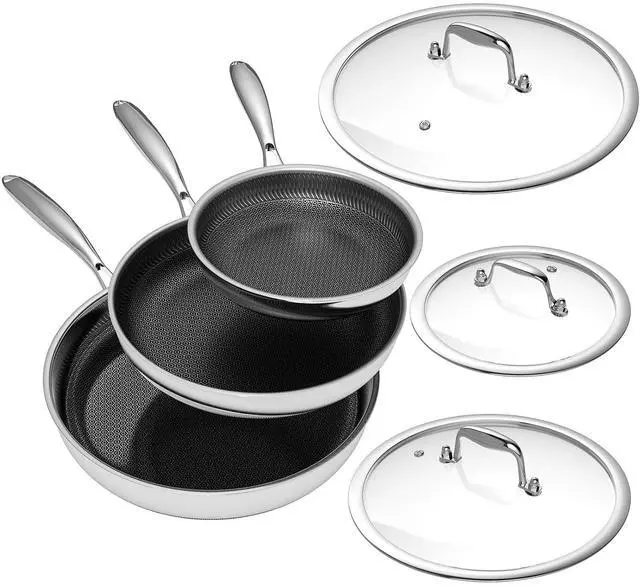 Main image of Non Stick Frying Pans Set, 8, 10 and 12-inch with Lids, Hybrid Fajita Pans Nonstick for Cooking, Stainless Steel Pan Skillets, Dishwasher & Oven-Safe, Induction Ready Cooking Pan, PFOA Free Cookware