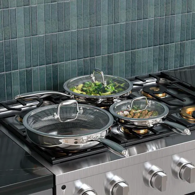 Alt view image 3 of 7 - Non Stick Frying Pans Set, 8, 10 and 12-inch with Lids, Hybrid Fajita Pans Nonstick for Cooking, Stainless Steel Pan Skillets, Dishwasher & Oven-Safe, Induction Ready Cooking Pan, PFOA Free Cookware