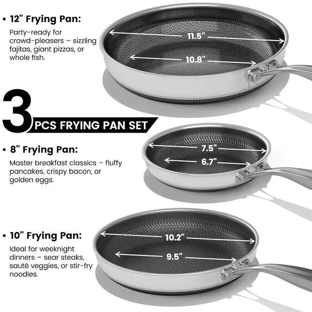 Alt view image 2 of 7 - Umite Chef Hybrid Non Stick Frying Pans Set, 8, 10 and 12-Inch Stainless Steel Skillets Pan for Cooking, Dishwasher & Oven-Safe Cooking Pan, Stay-Cool Handles, Induction Compatible PFOA Free Cookware