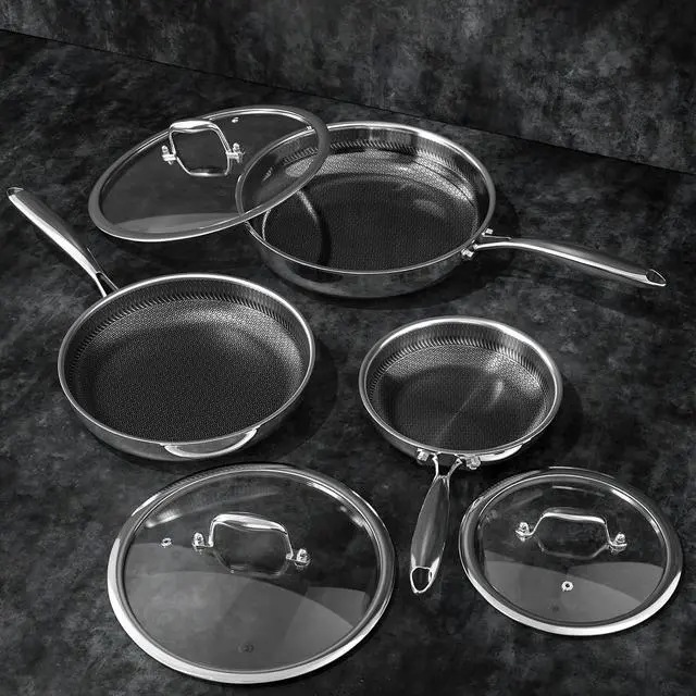 Alt view image 7 of 7 - Non Stick Frying Pans Set, 8, 10 and 12-inch with Lids, Hybrid Fajita Pans Nonstick for Cooking, Stainless Steel Pan Skillets, Dishwasher & Oven-Safe, Induction Ready Cooking Pan, PFOA Free Cookware