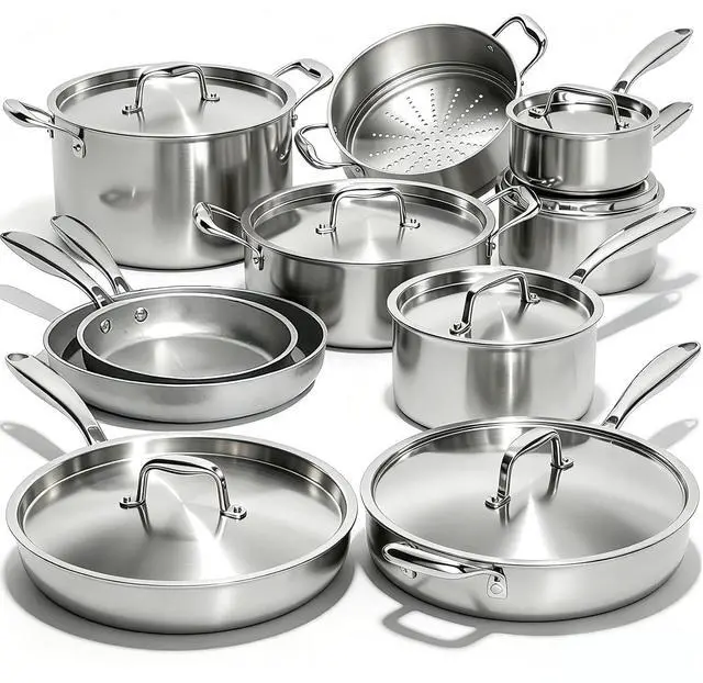 Main image of Umite Chef 17Pcs 5 Ply Clad Stainless Steel Cookware Set with Lids, Heavy Duty Pots and Pans Kitchen Set, Induction-Ready, Dual Aluminum Core for Even Heat, Cool Grip Handles, Dishwasher Safe