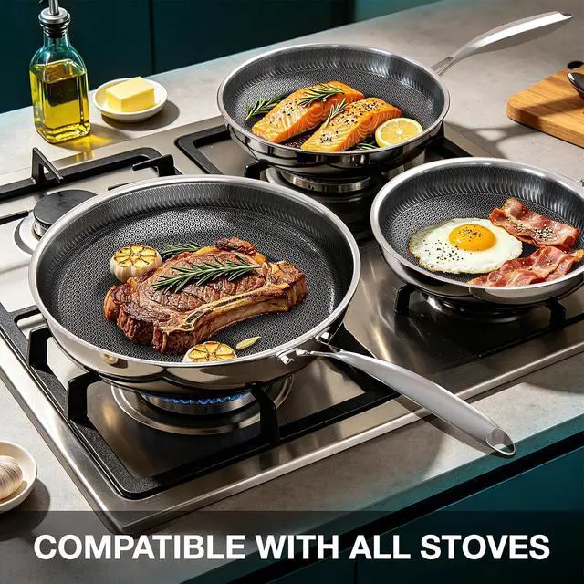 Alt view image 7 of 7 - Umite Chef Hybrid Non Stick Frying Pans Set, 8, 10 and 12-Inch Stainless Steel Skillets Pan for Cooking, Dishwasher & Oven-Safe Cooking Pan, Stay-Cool Handles, Induction Compatible PFOA Free Cookware
