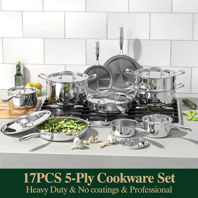 Alt view image 2 of 7 - Umite Chef 17Pcs 5 Ply Clad Stainless Steel Cookware Set with Lids, Heavy Duty Pots and Pans Kitchen Set, Induction-Ready, Dual Aluminum Core for Even Heat, Cool Grip Handles, Dishwasher Safe