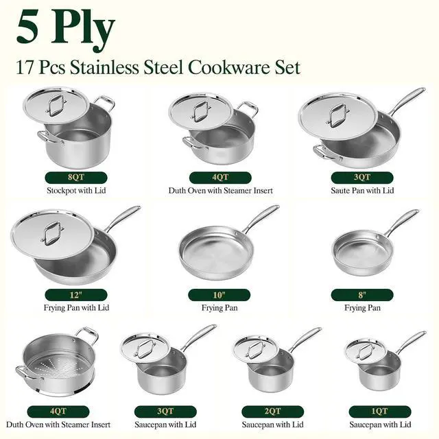 Alt view image 6 of 7 - Umite Chef 17Pcs 5 Ply Clad Stainless Steel Cookware Set with Lids, Heavy Duty Pots and Pans Kitchen Set, Induction-Ready, Dual Aluminum Core for Even Heat, Cool Grip Handles, Dishwasher Safe
