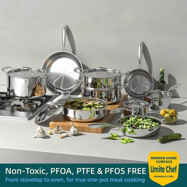 Alt view image 2 of 7 - Umite Chef Stainless Steel Cookware Set, 5 Ply 14 Piece Stainless Steel Pot and Pan Set-Induction, Heavy Chef Quality, Oven Safe | Professional Kitchen Cooking Appliances, PFOA, PTFE & PFOS Free
