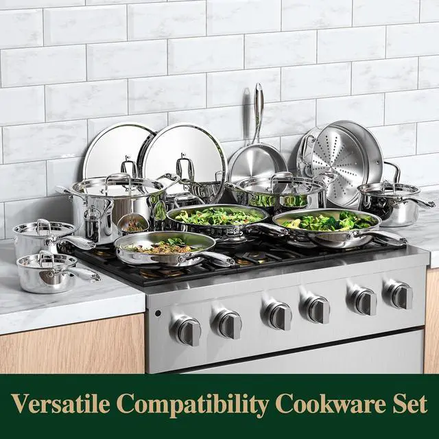 Alt view image 7 of 7 - Umite Chef 17Pcs 5 Ply Clad Stainless Steel Cookware Set with Lids, Heavy Duty Pots and Pans Kitchen Set, Induction-Ready, Dual Aluminum Core for Even Heat, Cool Grip Handles, Dishwasher Safe
