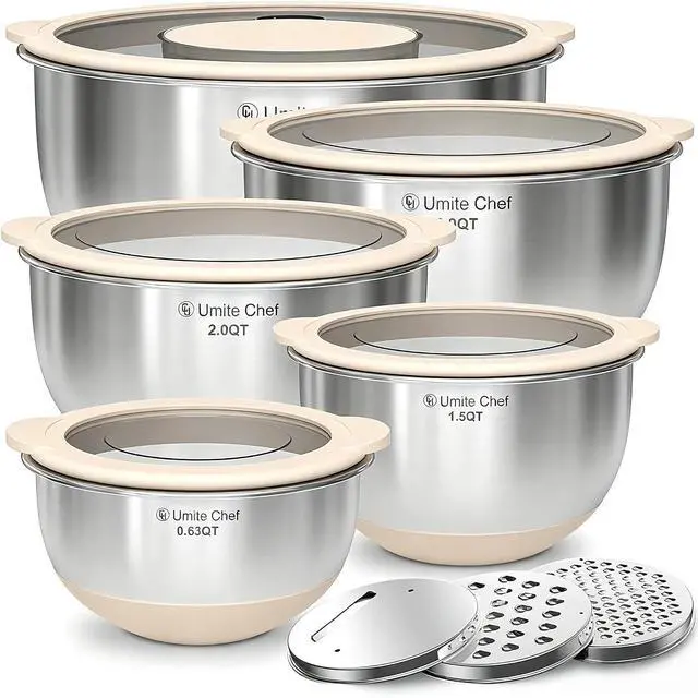 Main image of Mixing Bowles Set with Lids Set - Warp-Proof TPR-AS Lids, Stainless Steel Mixing Bowl with 3 Graters & Measuring Lines, Non-Slip Bowls for Baking, Prep, Airtight Food Storage (Khaki 5/3/2/1.5/0.63QT)