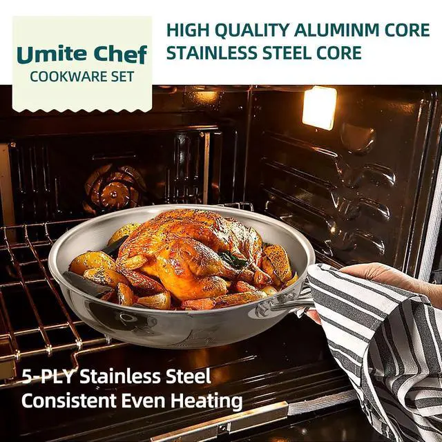 Alt view image 5 of 7 - Umite Chef Stainless Steel Cookware Set, 5 Ply 14 Piece Stainless Steel Pot and Pan Set-Induction, Heavy Chef Quality, Oven Safe | Professional Kitchen Cooking Appliances, PFOA, PTFE & PFOS Free