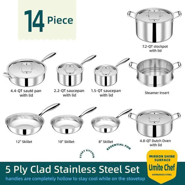 Alt view image 6 of 7 - Umite Chef Stainless Steel Cookware Set, 5 Ply 14 Piece Stainless Steel Pot and Pan Set-Induction, Heavy Chef Quality, Oven Safe | Professional Kitchen Cooking Appliances, PFOA, PTFE & PFOS Free