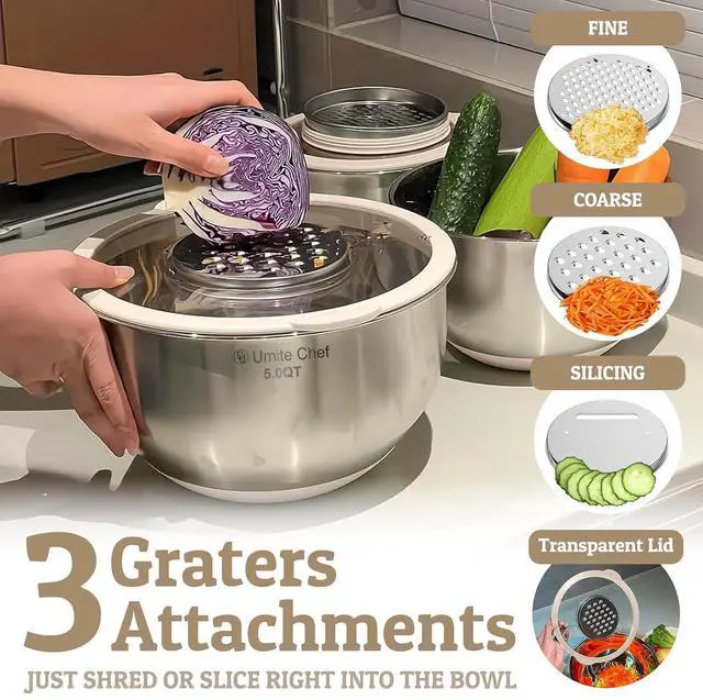 Alt view image 2 of 7 - Mixing Bowles Set with Lids Set - Warp-Proof TPR-AS Lids, Stainless Steel Mixing Bowl with 3 Graters & Measuring Lines, Non-Slip Bowls for Baking, Prep, Airtight Food Storage (Khaki 5/3/2/1.5/0.63QT)