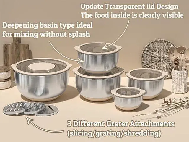 Alt view image 5 of 7 - Mixing Bowles Set with Lids Set - Warp-Proof TPR-AS Lids, Stainless Steel Mixing Bowl with 3 Graters & Measuring Lines, Non-Slip Bowls for Baking, Prep, Airtight Food Storage (Khaki 5/3/2/1.5/0.63QT)