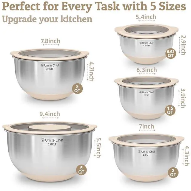 Alt view image 6 of 7 - Mixing Bowles Set with Lids Set - Warp-Proof TPR-AS Lids, Stainless Steel Mixing Bowl with 3 Graters & Measuring Lines, Non-Slip Bowls for Baking, Prep, Airtight Food Storage (Khaki 5/3/2/1.5/0.63QT)