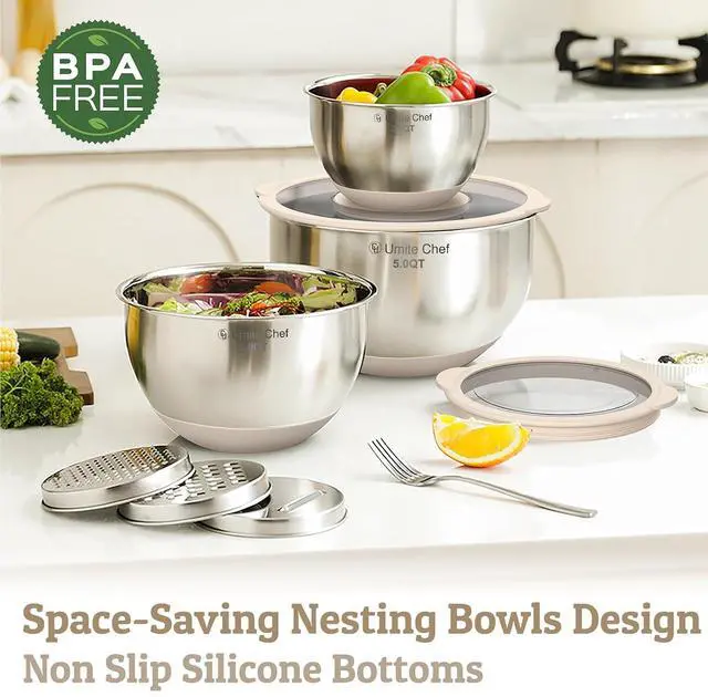 Alt view image 7 of 7 - Mixing Bowles Set with Lids Set - Warp-Proof TPR-AS Lids, Stainless Steel Mixing Bowl with 3 Graters & Measuring Lines, Non-Slip Bowls for Baking, Prep, Airtight Food Storage (Khaki 5/3/2/1.5/0.63QT)