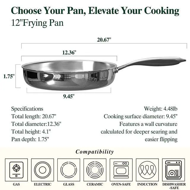 Alt view image 2 of 7 - Umite Chef 12 inch 5 Ply Stainless Steel Frying Pan Non-Toxic PFOA&PTFE Free Skillets, Professional Cookware- Oven Safe & Induction Compatible, Fast & Even Heat, Heavy Duty, Cool Grip Handles