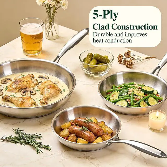 Alt view image 4 of 7 - Umite Chef 12 inch 5 Ply Stainless Steel Frying Pan Non-Toxic PFOA&PTFE Free Skillets, Professional Cookware- Oven Safe & Induction Compatible, Fast & Even Heat, Heavy Duty, Cool Grip Handles