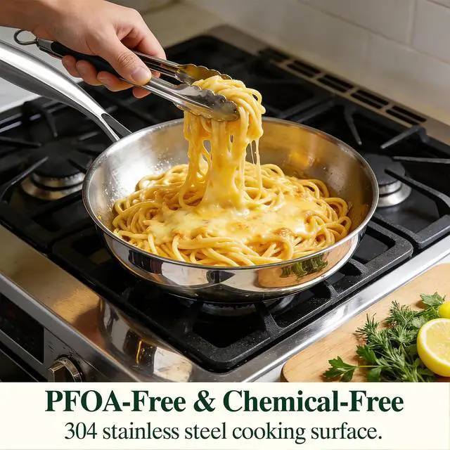 Alt view image 6 of 7 - Umite Chef 12 inch 5 Ply Stainless Steel Frying Pan Non-Toxic PFOA&PTFE Free Skillets, Professional Cookware- Oven Safe & Induction Compatible, Fast & Even Heat, Heavy Duty, Cool Grip Handles