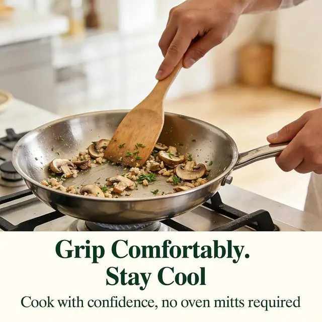 Alt view image 7 of 7 - Umite Chef 12 inch 5 Ply Stainless Steel Frying Pan Non-Toxic PFOA&PTFE Free Skillets, Professional Cookware- Oven Safe & Induction Compatible, Fast & Even Heat, Heavy Duty, Cool Grip Handles
