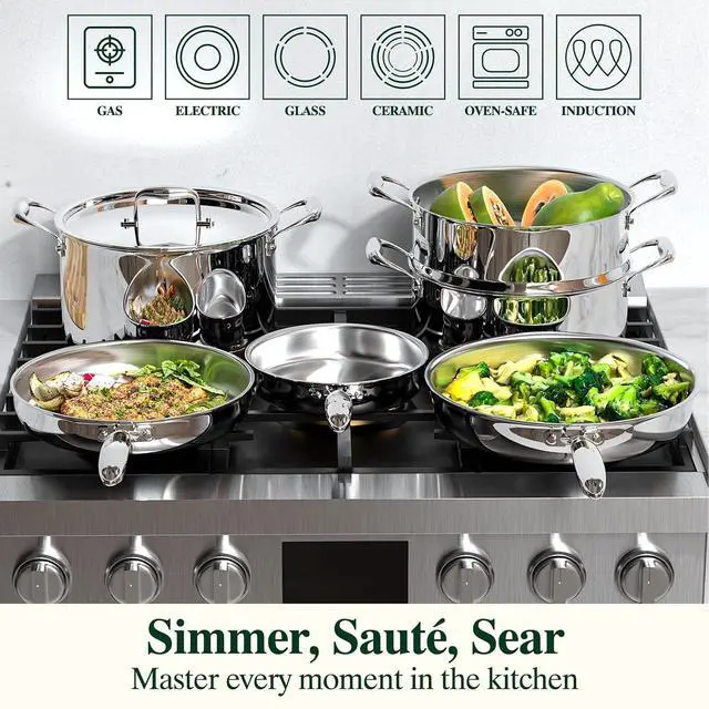 Alt view image 5 of 7 - Umite Chef Stainless Steel Frying Pan Set, Skillet Set 8"/10"/12", Induction Compatible, Oven & Dishwasher Safe, 5 Ply Stainless Clad - Heavy Duty & Professional Cookware Set, Fast & Even Heat