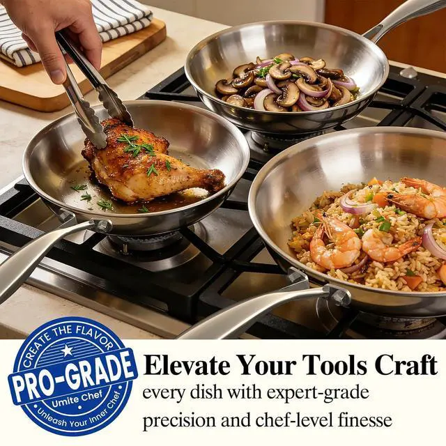 Alt view image 5 of 7 - Umite Chef Stainless Steel Frying Pan Set with Lid, 3Pcs Skillet Set (Includes 8",10",12") - 5 Ply Stainless Clad - Heavy Duty & Professional Cookware Set, Fast & Even Heat, Dishwasher and Oven Safe