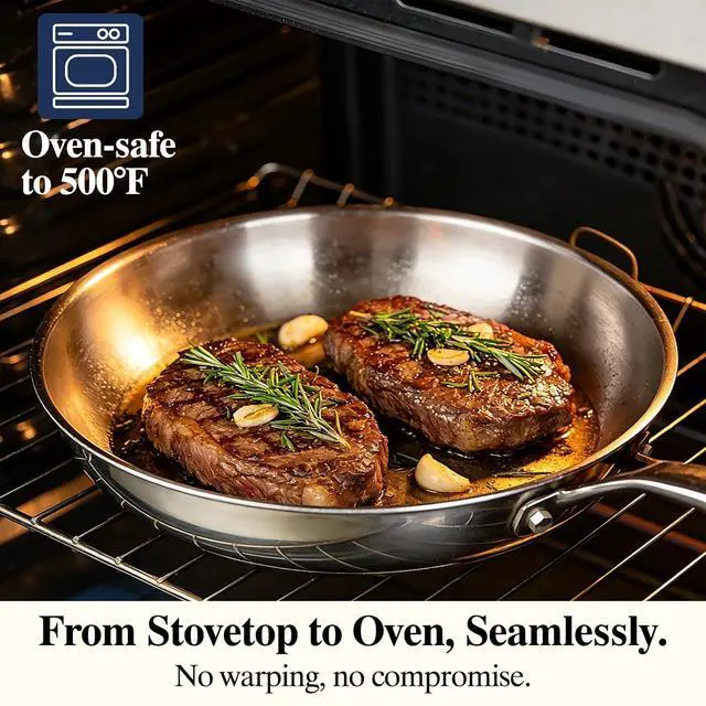 Alt view image 7 of 7 - Umite Chef Stainless Steel Frying Pan Set with Lid, 3Pcs Skillet Set (Includes 8",10",12") - 5 Ply Stainless Clad - Heavy Duty & Professional Cookware Set, Fast & Even Heat, Dishwasher and Oven Safe