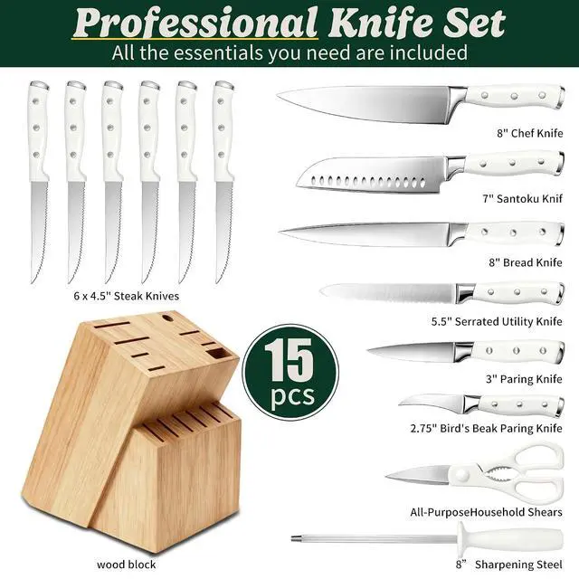 Alt view image 4 of 7 - Knife Set, 15 Piece Premium Chef High Carbon Stainless Steel Kitchen Knife Block Set, Razor-sharp, Ergonomic Forged Triple Rivet Handle, Professional Knife Set for Kitchen, Dishwasher Safe(White)