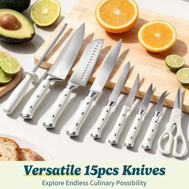 Alt view image 6 of 7 - Knife Set, 15 Piece Premium Chef High Carbon Stainless Steel Kitchen Knife Block Set, Razor-sharp, Ergonomic Forged Triple Rivet Handle, Professional Knife Set for Kitchen, Dishwasher Safe(White)