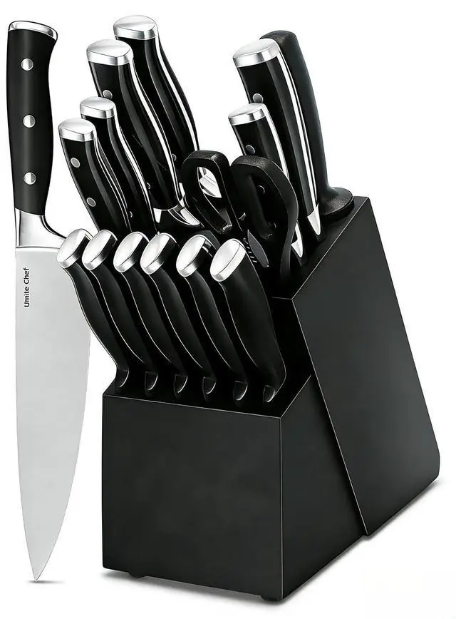 Main image of Knife Set, 15 Piece Premium Kitchen Knife Block Set, Razor-Sharp, High Carbon Stainless Steel Chef Knife, Ergonomic Forged Triple Rivet Handle, Black Sharp Knife Set for Kitchen, Dishwasher Safe