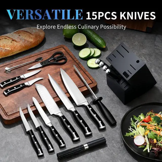 Alt view image 2 of 7 - Knife Set, 15 Piece Premium Kitchen Knife Block Set, Razor-Sharp, High Carbon Stainless Steel Chef Knife, Ergonomic Forged Triple Rivet Handle, Black Sharp Knife Set for Kitchen, Dishwasher Safe