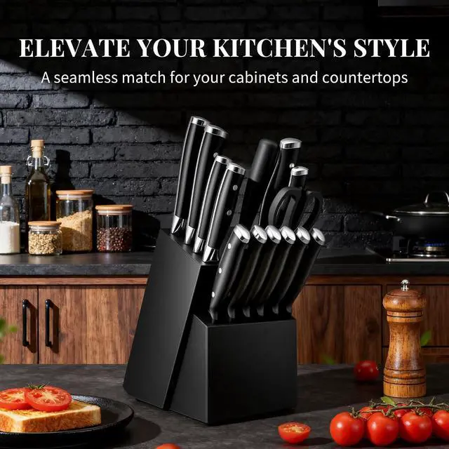 Alt view image 3 of 7 - Knife Set, 15 Piece Premium Kitchen Knife Block Set, Razor-Sharp, High Carbon Stainless Steel Chef Knife, Ergonomic Forged Triple Rivet Handle, Black Sharp Knife Set for Kitchen, Dishwasher Safe