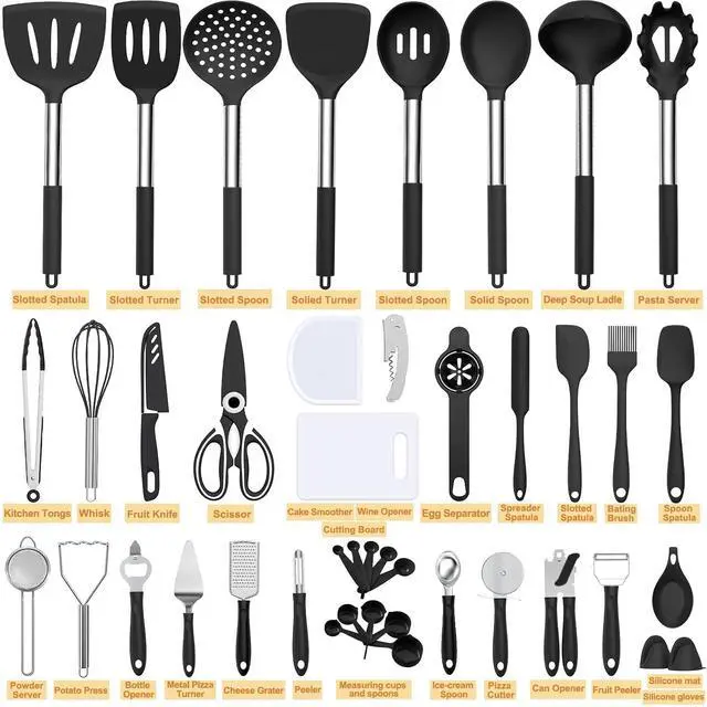 Alt view image 2 of 7 - Silicone Cooking Kitchen Utensil Set, Umite Chef 43 PCS Heat Resistant Kitchen Utensils Gadget Set-Stainless Steel Handle- Kitchen Spatula Tools for Nonstick Cookware, Kitchen Accessories(Black)