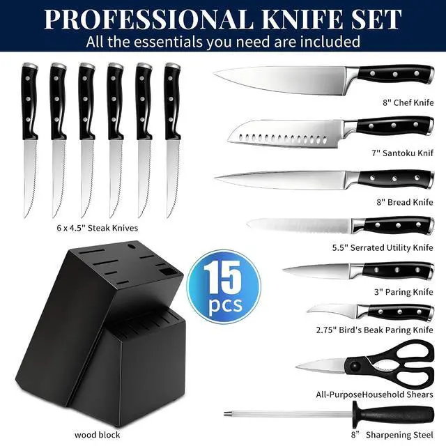 Alt view image 5 of 7 - Knife Set, 15 Piece Premium Kitchen Knife Block Set, Razor-Sharp, High Carbon Stainless Steel Chef Knife, Ergonomic Forged Triple Rivet Handle, Black Sharp Knife Set for Kitchen, Dishwasher Safe