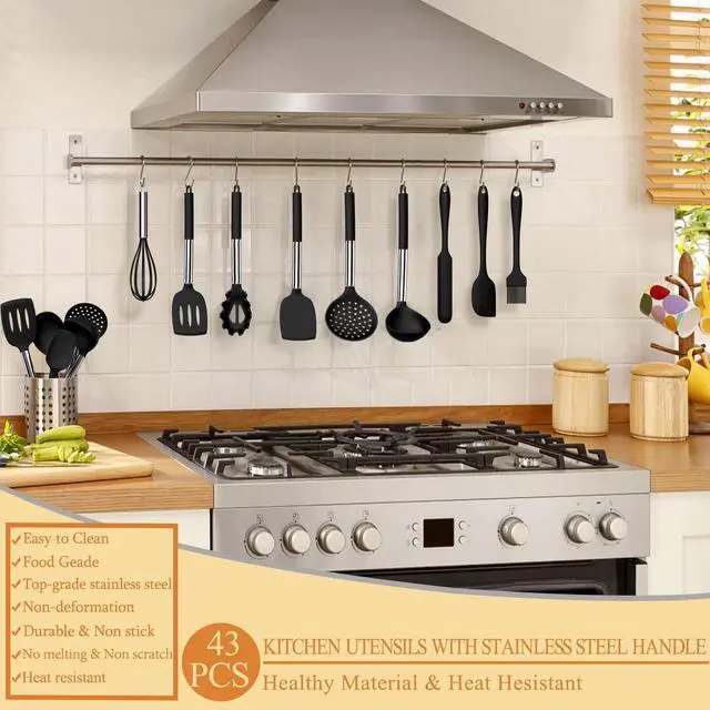 Alt view image 7 of 7 - Silicone Cooking Kitchen Utensil Set, Umite Chef 43 PCS Heat Resistant Kitchen Utensils Gadget Set-Stainless Steel Handle- Kitchen Spatula Tools for Nonstick Cookware, Kitchen Accessories(Black)